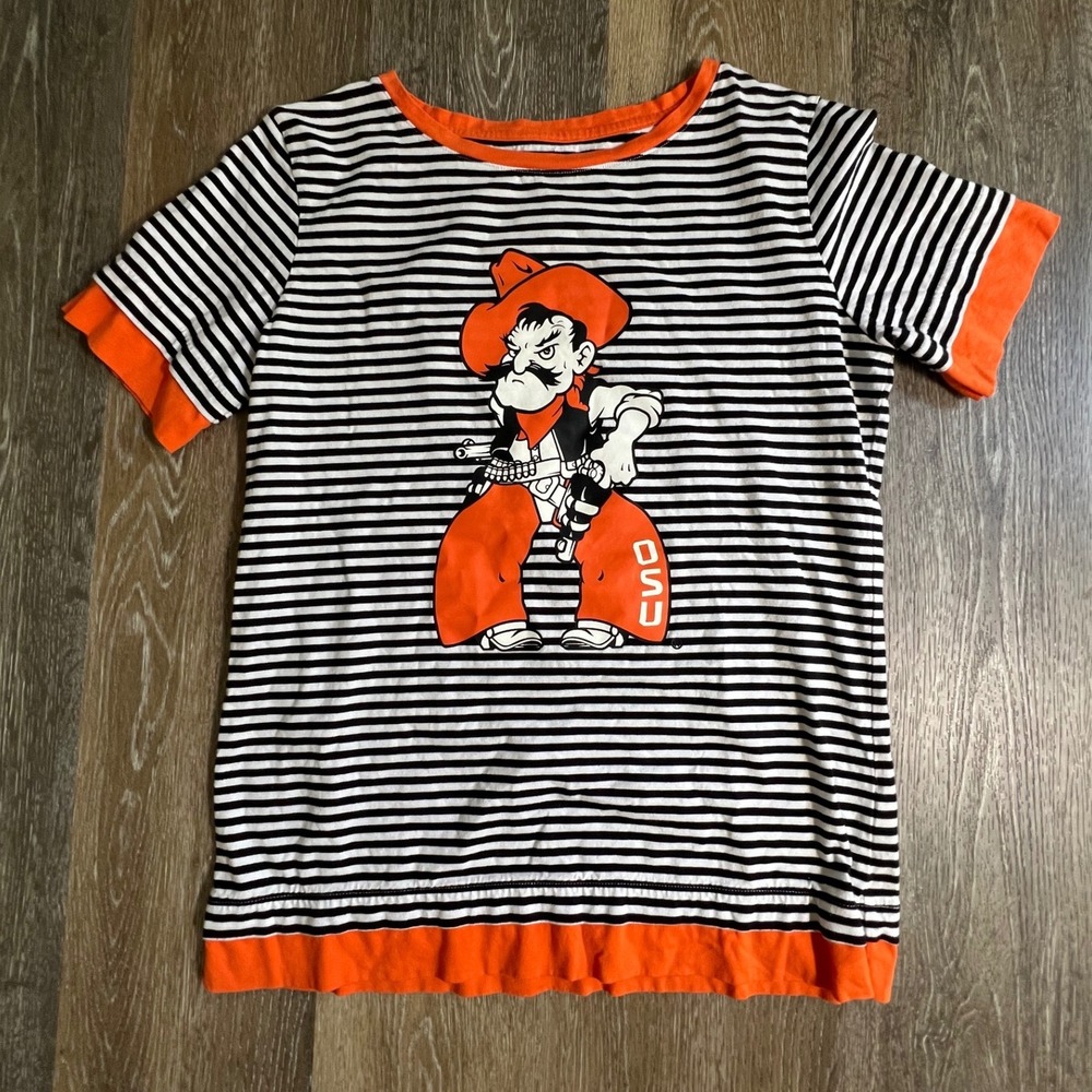 Emerson Street OSU T-Shirt Women Small Black White Striped Pistol Pete Mascot